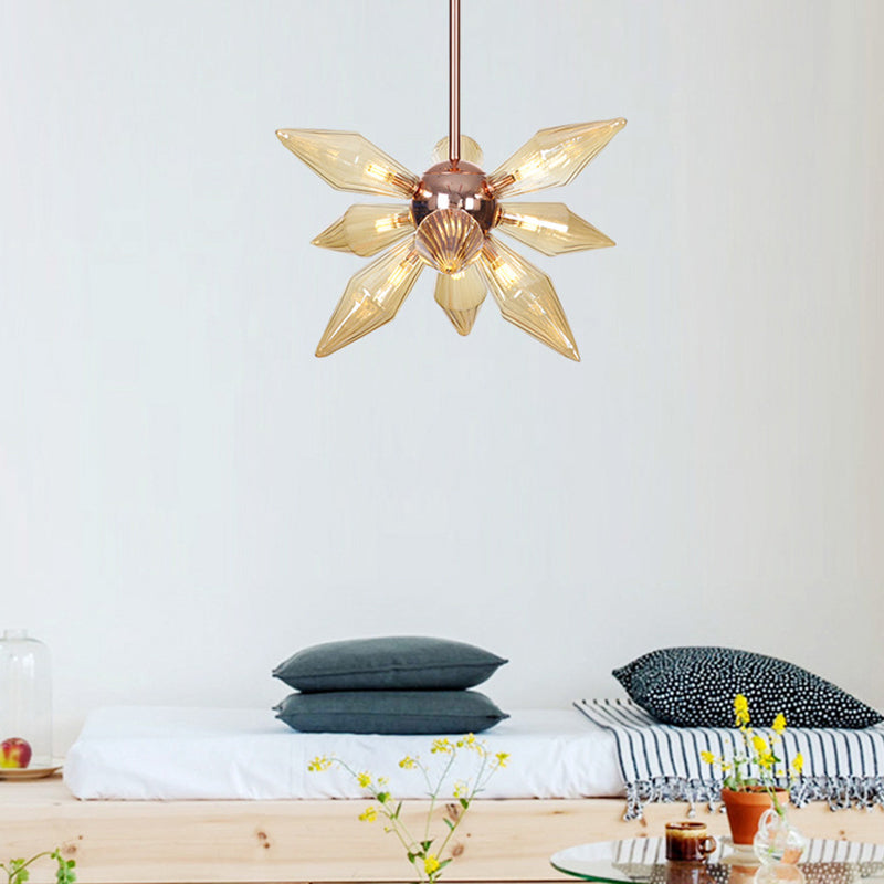 Amber Glass Diamond Chandelier Modernism 9/12 Heads Rose Gold Ceiling Pendant Light for Living Room Clearhalo 'Ceiling Lights' 'Chandeliers' 'Glass shade' 'Glass' 'Modern Chandeliers' 'Modern' Lighting' 288068