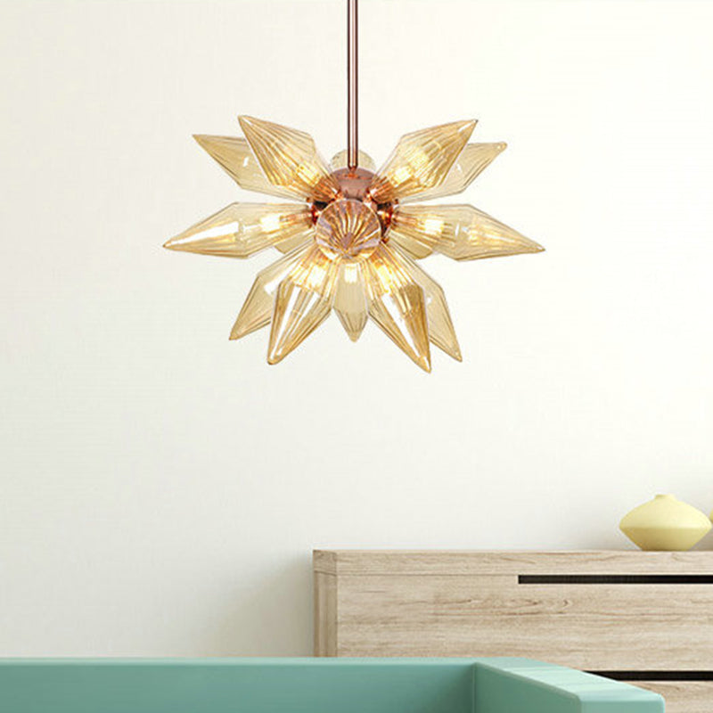 Amber Glass Diamond Chandelier Modernism 9/12 Heads Rose Gold Ceiling Pendant Light for Living Room 12 Amber Clearhalo 'Ceiling Lights' 'Chandeliers' 'Glass shade' 'Glass' 'Modern Chandeliers' 'Modern' Lighting' 288072