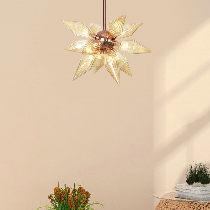 Amber Glass Diamond Chandelier Modernism 9/12 Heads Rose Gold Ceiling Pendant Light for Living Room Clearhalo 'Ceiling Lights' 'Chandeliers' 'Glass shade' 'Glass' 'Modern Chandeliers' 'Modern' Lighting' 288073