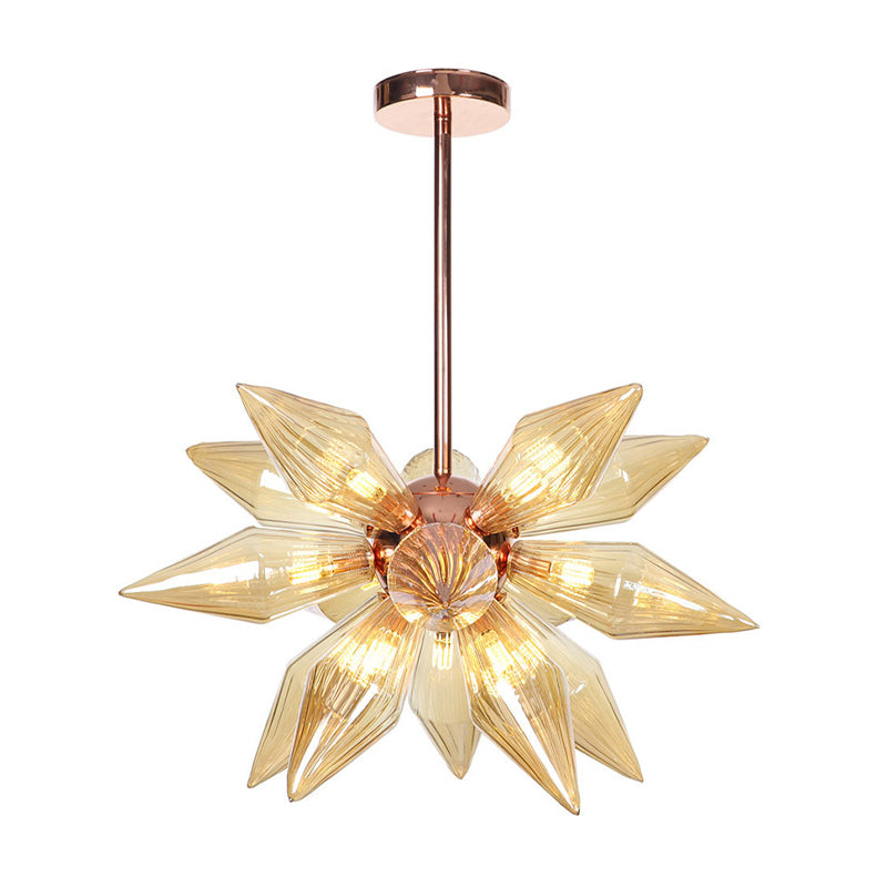 Amber Glass Diamond Chandelier Modernism 9/12 Heads Rose Gold Ceiling Pendant Light for Living Room Clearhalo 'Ceiling Lights' 'Chandeliers' 'Glass shade' 'Glass' 'Modern Chandeliers' 'Modern' Lighting' 288074