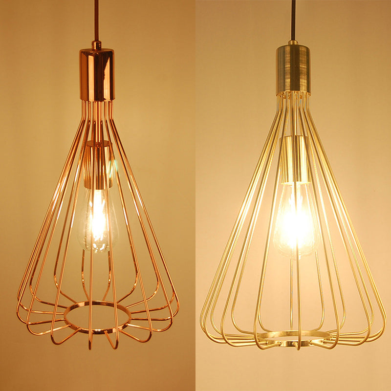 1 Bulb Conical Hanging Light with Cage Shade Vintage Loft Polished Brass/Copper Metallic Pendant Lamp for Kitchen Clearhalo 'Art Deco Pendants' 'Cast Iron' 'Ceiling Lights' 'Ceramic' 'Crystal' 'Industrial Pendants' 'Industrial' 'Metal' 'Middle Century Pendants' 'Pendant Lights' 'Pendants' 'Tiffany' Lighting' 28814