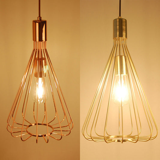 1 Bulb Conical Hanging Light with Cage Shade Vintage Loft Polished Brass/Copper Metallic Pendant Lamp for Kitchen Clearhalo 'Art Deco Pendants' 'Cast Iron' 'Ceiling Lights' 'Ceramic' 'Crystal' 'Industrial Pendants' 'Industrial' 'Metal' 'Middle Century Pendants' 'Pendant Lights' 'Pendants' 'Tiffany' Lighting' 28814