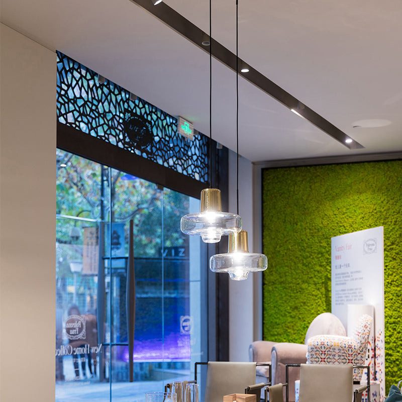 Gyro Hanging Pendant Light Contemporary Clear Glass 1 Light Black/Champagne/Rose Gold Suspension Light, 8"/10.5"/13" Wide Clearhalo 'Ceiling Lights' 'Chandeliers' 'Glass shade' 'Glass' 'Modern Pendants' 'Modern' 'Pendant Lights' 'Pendants' Lighting' 288220