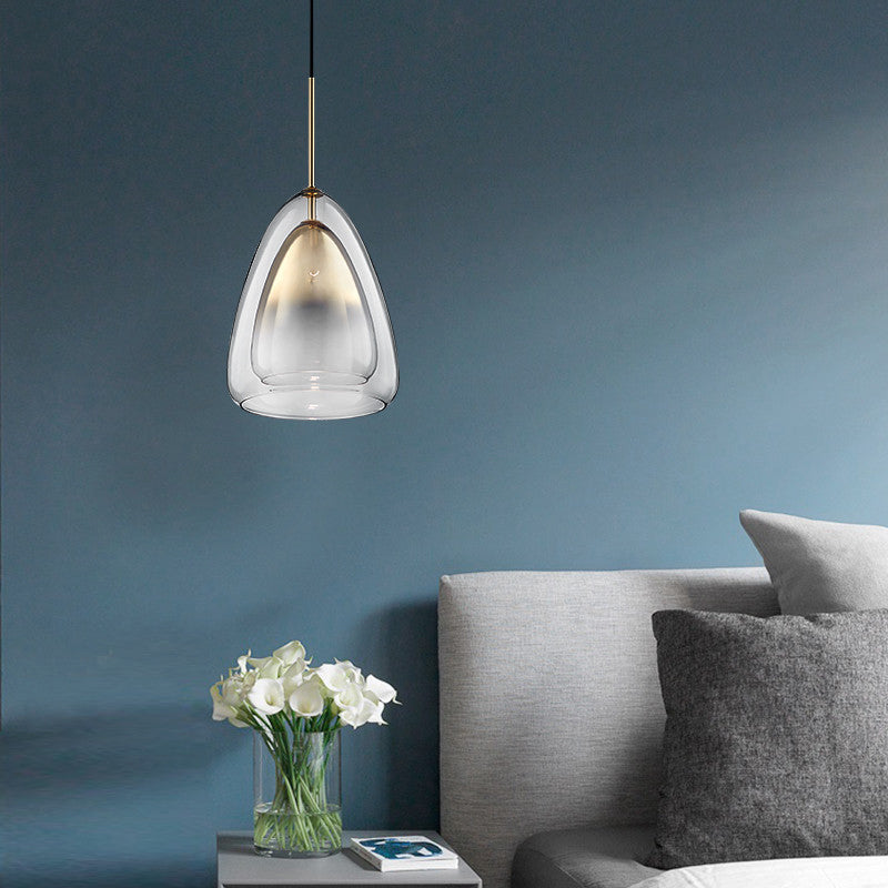 Cone Pendant Light Fixture Nordic Double Glass Shade 1 Light 12"/14" Wide Champagne Suspension Light Clearhalo 'Ceiling Lights' 'Glass shade' 'Glass' 'Island Lights' 'Modern Pendants' 'Modern' 'Pendant Lights' 'Pendants' Lighting' 288244