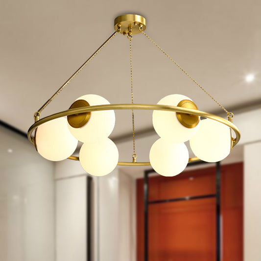 Circular Chandelier Light Postmodern Metal 6/8 Lights Brass Hanging Lamp Kit with Globe Frosted Glass Shade 6 Brass Clearhalo 'Ceiling Lights' 'Chandeliers' 'Glass shade' 'Glass' 'Island Lights' 'Modern Chandeliers' 'Modern' 'Pendant Lights' Lighting' 288281