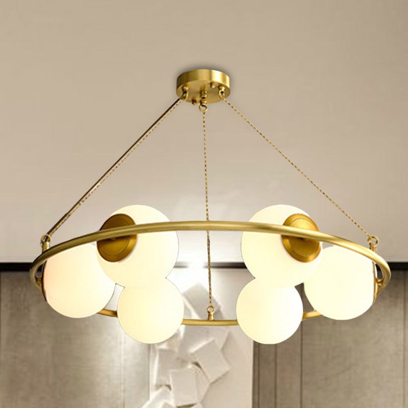 Circular Chandelier Light Postmodern Metal 6/8 Lights Brass Hanging Lamp Kit with Globe Frosted Glass Shade Clearhalo 'Ceiling Lights' 'Chandeliers' 'Glass shade' 'Glass' 'Island Lights' 'Modern Chandeliers' 'Modern' 'Pendant Lights' Lighting' 288282