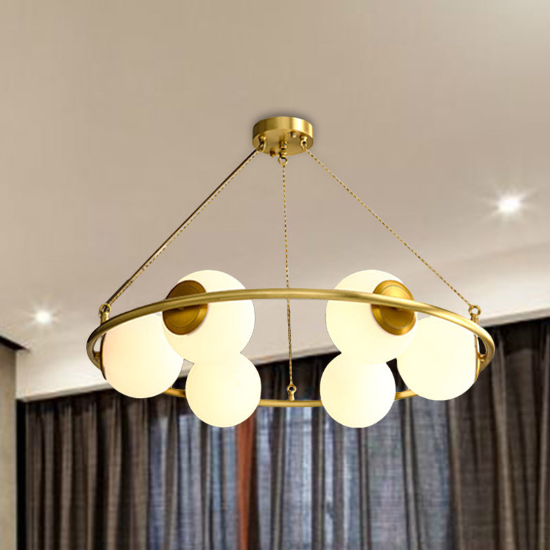 Circular Chandelier Light Postmodern Metal 6/8 Lights Brass Hanging Lamp Kit with Globe Frosted Glass Shade Clearhalo 'Ceiling Lights' 'Chandeliers' 'Glass shade' 'Glass' 'Island Lights' 'Modern Chandeliers' 'Modern' 'Pendant Lights' Lighting' 288283