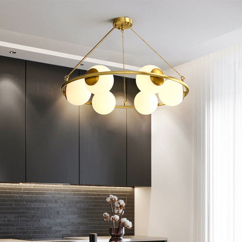 Circular Chandelier Light Postmodern Metal 6/8 Lights Brass Hanging Lamp Kit with Globe Frosted Glass Shade Clearhalo 'Ceiling Lights' 'Chandeliers' 'Glass shade' 'Glass' 'Island Lights' 'Modern Chandeliers' 'Modern' 'Pendant Lights' Lighting' 288284