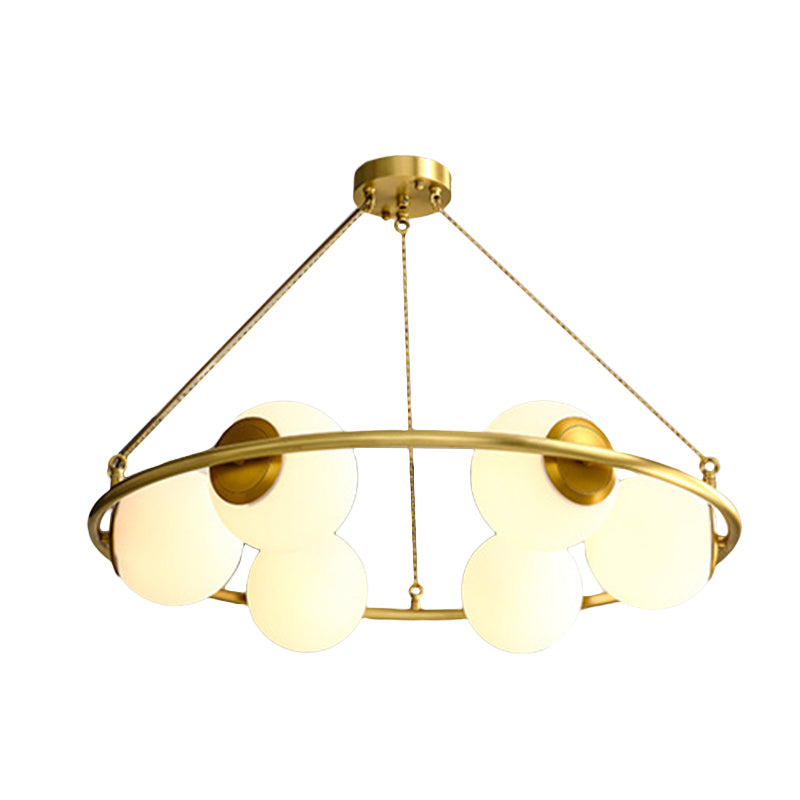 Circular Chandelier Light Postmodern Metal 6/8 Lights Brass Hanging Lamp Kit with Globe Frosted Glass Shade Clearhalo 'Ceiling Lights' 'Chandeliers' 'Glass shade' 'Glass' 'Island Lights' 'Modern Chandeliers' 'Modern' 'Pendant Lights' Lighting' 288285
