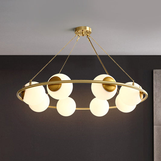 Circular Chandelier Light Postmodern Metal 6/8 Lights Brass Hanging Lamp Kit with Globe Frosted Glass Shade 8 Brass Clearhalo 'Ceiling Lights' 'Chandeliers' 'Glass shade' 'Glass' 'Island Lights' 'Modern Chandeliers' 'Modern' 'Pendant Lights' Lighting' 288287