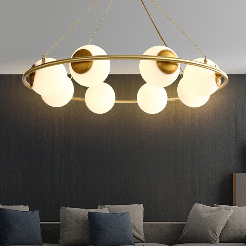 Circular Chandelier Light Postmodern Metal 6/8 Lights Brass Hanging Lamp Kit with Globe Frosted Glass Shade Clearhalo 'Ceiling Lights' 'Chandeliers' 'Glass shade' 'Glass' 'Island Lights' 'Modern Chandeliers' 'Modern' 'Pendant Lights' Lighting' 288288