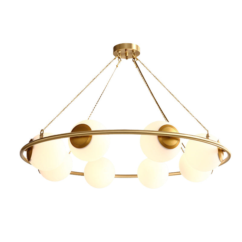 Circular Chandelier Light Postmodern Metal 6/8 Lights Brass Hanging Lamp Kit with Globe Frosted Glass Shade Clearhalo 'Ceiling Lights' 'Chandeliers' 'Glass shade' 'Glass' 'Island Lights' 'Modern Chandeliers' 'Modern' 'Pendant Lights' Lighting' 288290