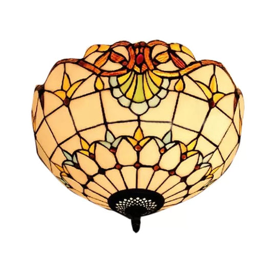 Stained Glass Ceiling Light, 2 Lights Baroque Flush Mount Lighting in Aged Brass with Jewel Decoration for Bedroom Clearhalo 'Ceiling Lights' 'Close To Ceiling Lights' 'Close to ceiling' 'Glass shade' 'Glass' 'Pendant Lights' 'Semi-flushmount' 'Tiffany close to ceiling' 'Tiffany' Lighting' 2882