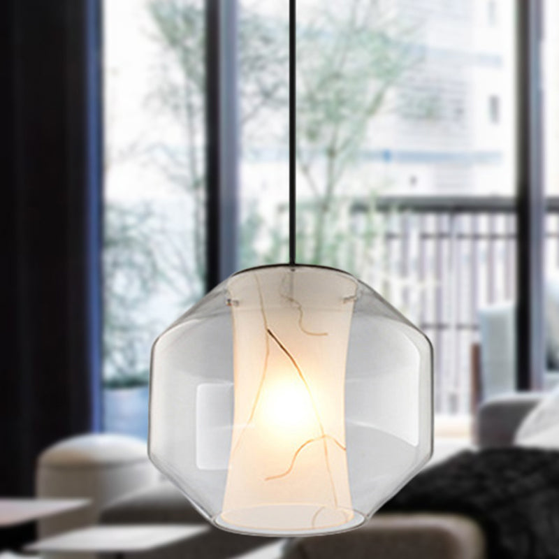 Clear Glass Lantern Pendant Light Simple 8"/10" Wide 1 Head Hanging Lamp Kit with Inner Cylinder White Marble Shade in White Ligth Clearhalo 'Ceiling Lights' 'Chandeliers' 'Glass shade' 'Glass' 'Modern Pendants' 'Modern' 'Pendant Lights' 'Pendants' Lighting' 288408
