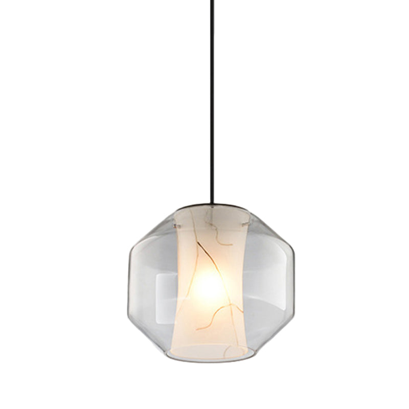 Clear Glass Lantern Pendant Light Simple 8"/10" Wide 1 Head Hanging Lamp Kit with Inner Cylinder White Marble Shade in White Ligth Clearhalo 'Ceiling Lights' 'Chandeliers' 'Glass shade' 'Glass' 'Modern Pendants' 'Modern' 'Pendant Lights' 'Pendants' Lighting' 288411