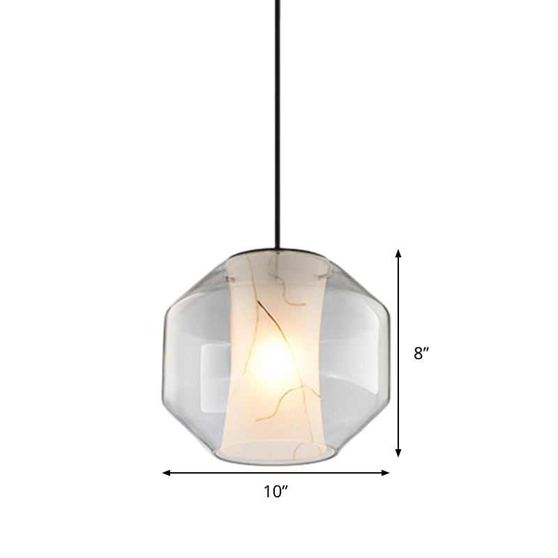Clear Glass Lantern Pendant Light Simple 8"/10" Wide 1 Head Hanging Lamp Kit with Inner Cylinder White Marble Shade in White Ligth Clearhalo 'Ceiling Lights' 'Chandeliers' 'Glass shade' 'Glass' 'Modern Pendants' 'Modern' 'Pendant Lights' 'Pendants' Lighting' 288412