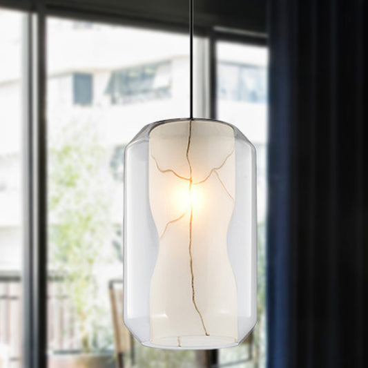 Clear Glass Lantern Pendant Light Simple 8"/10" Wide 1 Head Hanging Lamp Kit with Inner Cylinder White Marble Shade in White Ligth White 8" Clearhalo 'Ceiling Lights' 'Chandeliers' 'Glass shade' 'Glass' 'Modern Pendants' 'Modern' 'Pendant Lights' 'Pendants' Lighting' 288413