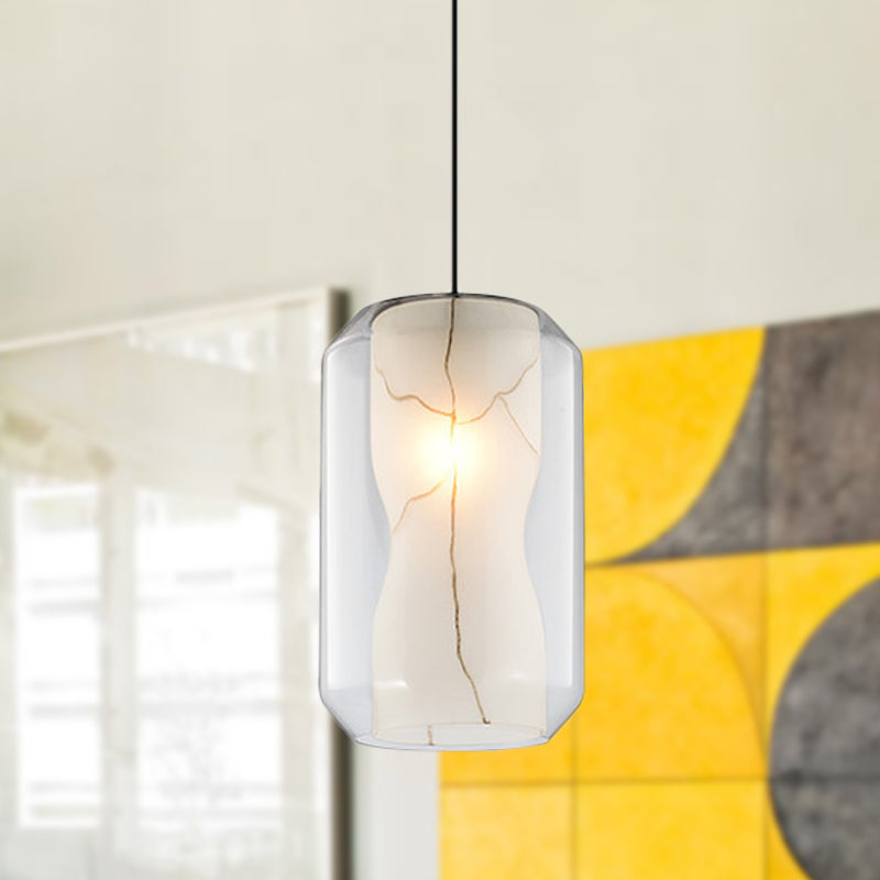 Clear Glass Lantern Pendant Light Simple 8"/10" Wide 1 Head Hanging Lamp Kit with Inner Cylinder White Marble Shade in White Ligth Clearhalo 'Ceiling Lights' 'Chandeliers' 'Glass shade' 'Glass' 'Modern Pendants' 'Modern' 'Pendant Lights' 'Pendants' Lighting' 288414