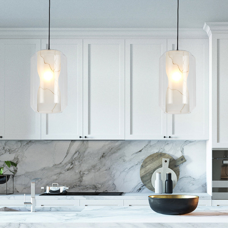 Clear Glass Lantern Pendant Light Simple 8"/10" Wide 1 Head Hanging Lamp Kit with Inner Cylinder White Marble Shade in White Ligth Clearhalo 'Ceiling Lights' 'Chandeliers' 'Glass shade' 'Glass' 'Modern Pendants' 'Modern' 'Pendant Lights' 'Pendants' Lighting' 288416