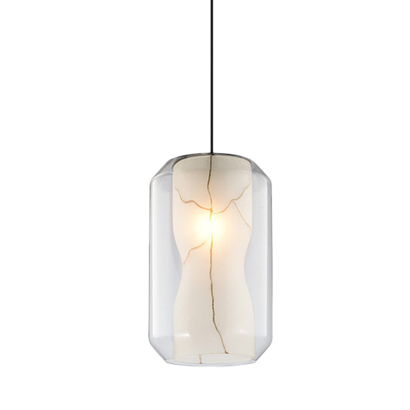 Clear Glass Lantern Pendant Light Simple 8"/10" Wide 1 Head Hanging Lamp Kit with Inner Cylinder White Marble Shade in White Ligth Clearhalo 'Ceiling Lights' 'Chandeliers' 'Glass shade' 'Glass' 'Modern Pendants' 'Modern' 'Pendant Lights' 'Pendants' Lighting' 288417