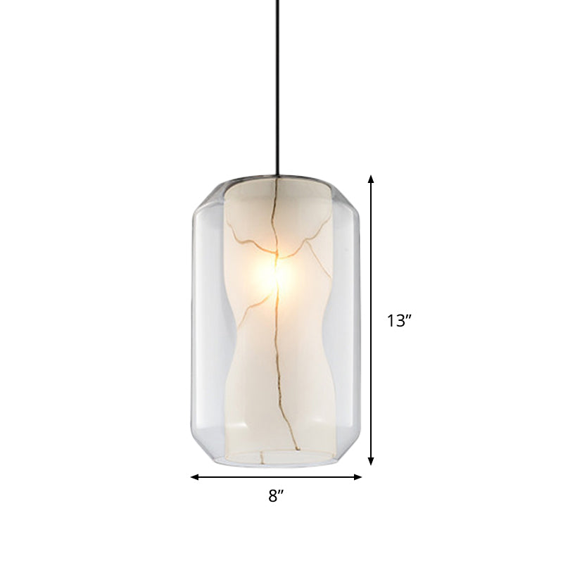 Clear Glass Lantern Pendant Light Simple 8"/10" Wide 1 Head Hanging Lamp Kit with Inner Cylinder White Marble Shade in White Ligth Clearhalo 'Ceiling Lights' 'Chandeliers' 'Glass shade' 'Glass' 'Modern Pendants' 'Modern' 'Pendant Lights' 'Pendants' Lighting' 288418