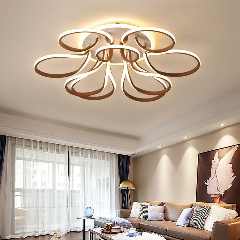 Bend Flush Mount Modern Acrylic 9/12 Heads 38.5"/46.5" Wide Brown Ceiling Light Fixture in Warm/White Light Brown 38.5" Clearhalo 'Ceiling Lights' 'Close To Ceiling Lights' 'Close to ceiling' 'Flush mount' Lighting' 288462