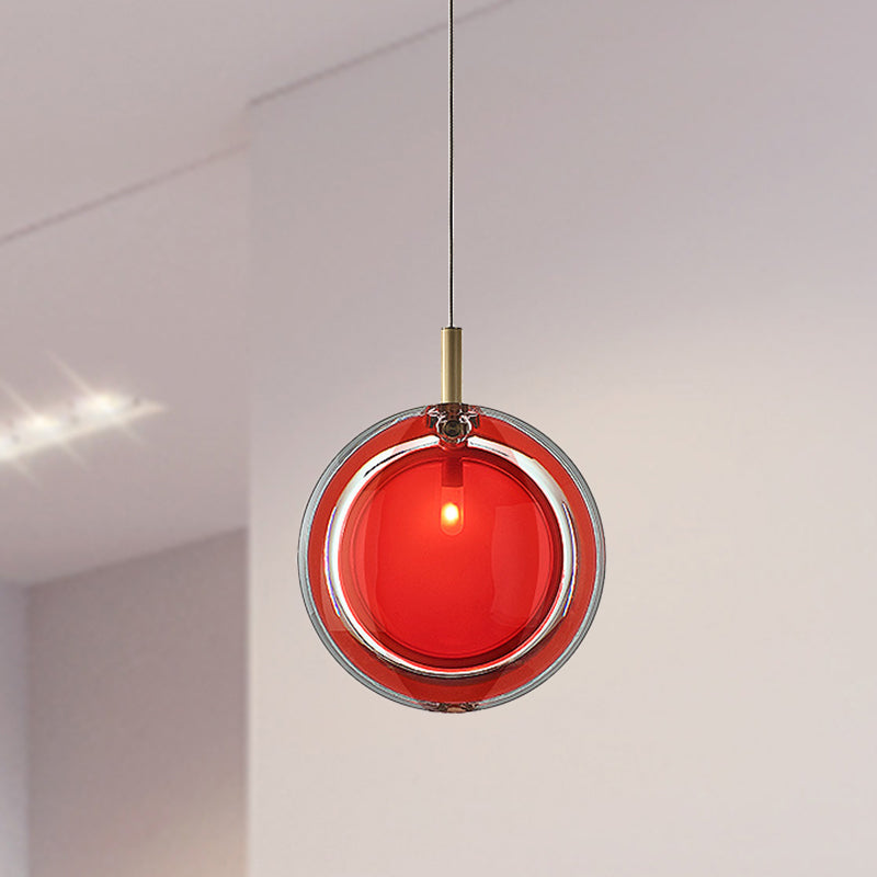 Round Hanging Lamp Kit Macaron Red Glass 1 Light Bedroom Pendant