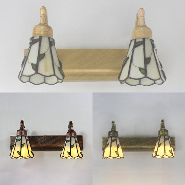 Lodge Style Cone Wall Light with Leaf Design 2 Lights Stained Glass Sconce Lamp in Bronze for Bathroom Clearhalo 'Industrial' 'Middle century wall lights' 'Tiffany wall lights' 'Tiffany' 'Wall Lamps & Sconces' 'Wall Lights' Lighting' 28862