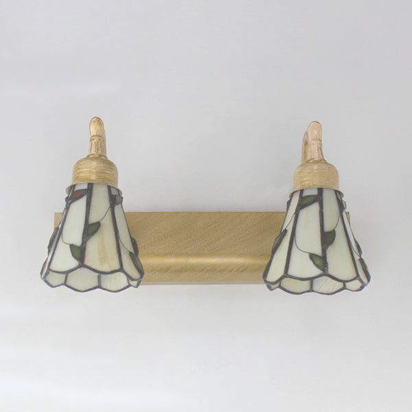Lodge Style Cone Wall Light with Leaf Design 2 Lights Stained Glass Sconce Lamp in Bronze for Bathroom Clearhalo 'Industrial' 'Middle century wall lights' 'Tiffany wall lights' 'Tiffany' 'Wall Lamps & Sconces' 'Wall Lights' Lighting' 28863