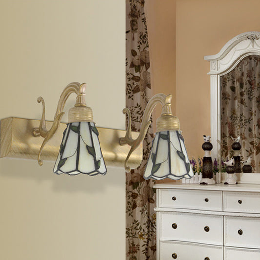 Lodge Style Cone Wall Light with Leaf Design 2 Lights Stained Glass Sconce Lamp in Bronze for Bathroom Beige Clearhalo 'Industrial' 'Middle century wall lights' 'Tiffany wall lights' 'Tiffany' 'Wall Lamps & Sconces' 'Wall Lights' Lighting' 28864