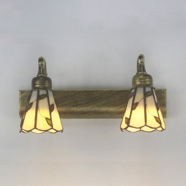 Lodge Style Cone Wall Light with Leaf Design 2 Lights Stained Glass Sconce Lamp in Bronze for Bathroom Clearhalo 'Industrial' 'Middle century wall lights' 'Tiffany wall lights' 'Tiffany' 'Wall Lamps & Sconces' 'Wall Lights' Lighting' 28866