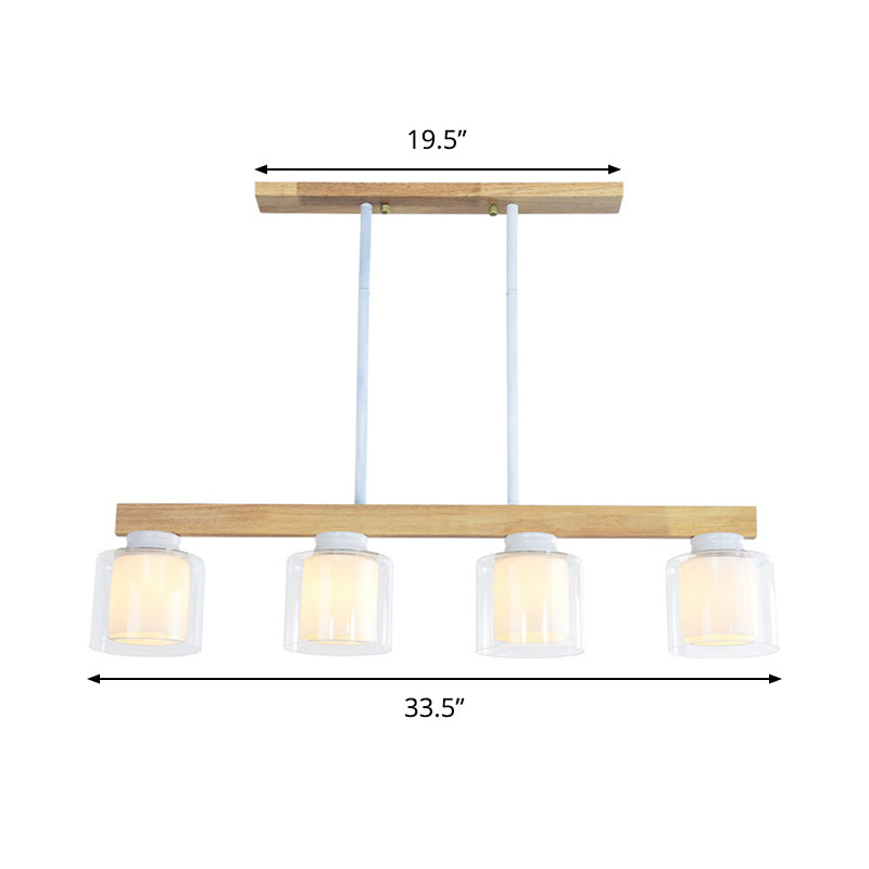 Nordic Linear Island Light Wood 3/4 Heads Dining Room Hanging Lamp with Cylinder White Glass Shade Inside Clearhalo 'Ceiling Lights' 'Chandeliers' 'Glass shade' 'Glass' 'Island Lights' Lighting' 288661