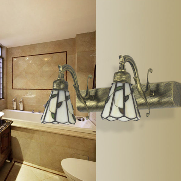 Lodge Style Cone Wall Light with Leaf Design 2 Lights Stained Glass Sconce Lamp in Bronze for Bathroom Antique Brass Clearhalo 'Industrial' 'Middle century wall lights' 'Tiffany wall lights' 'Tiffany' 'Wall Lamps & Sconces' 'Wall Lights' Lighting' 28867