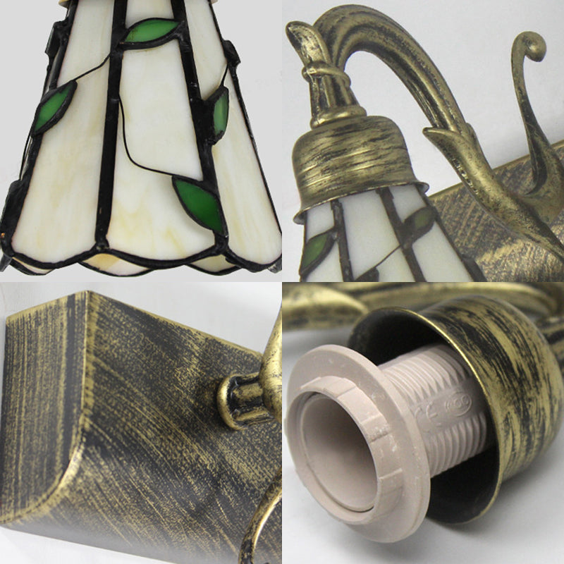 Lodge Style Cone Wall Light with Leaf Design 2 Lights Stained Glass Sconce Lamp in Bronze for Bathroom Clearhalo 'Industrial' 'Middle century wall lights' 'Tiffany wall lights' 'Tiffany' 'Wall Lamps & Sconces' 'Wall Lights' Lighting' 28868