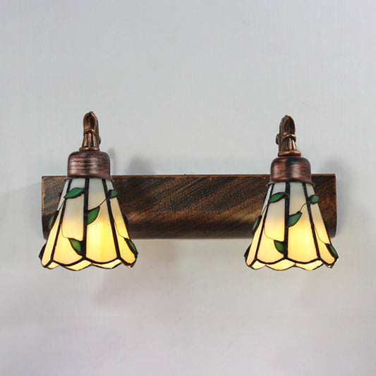 Lodge Style Cone Wall Light with Leaf Design 2 Lights Stained Glass Sconce Lamp in Bronze for Bathroom Bronze Clearhalo 'Industrial' 'Middle century wall lights' 'Tiffany wall lights' 'Tiffany' 'Wall Lamps & Sconces' 'Wall Lights' Lighting' 28869