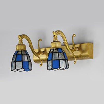 Dome Stainless Glass Vanity Lamp Tiffany Style 2 Lights Brass/Copper/Antique Brass Wall Sconce with Square/Blue Square Pattern Brass Blue Square Clearhalo 'Cast Iron' 'Glass' 'Industrial' 'Middle century wall lights' 'Modern' 'Tiffany wall lights' 'Tiffany' 'Traditional wall lights' 'Vanity Lights' 'Wall Lights' Lighting' 28875