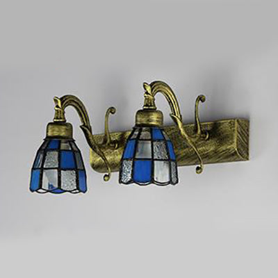 Dome Stainless Glass Vanity Lamp Tiffany Style 2 Lights Brass/Copper/Antique Brass Wall Sconce with Square/Blue Square Pattern Antique Brass Blue Square Clearhalo 'Cast Iron' 'Glass' 'Industrial' 'Middle century wall lights' 'Modern' 'Tiffany wall lights' 'Tiffany' 'Traditional wall lights' 'Vanity Lights' 'Wall Lights' Lighting' 28878
