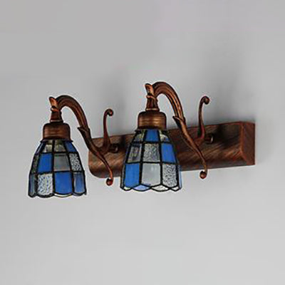 Dome Stainless Glass Vanity Lamp Tiffany Style 2 Lights Brass/Copper/Antique Brass Wall Sconce with Square/Blue Square Pattern Clearhalo 'Cast Iron' 'Glass' 'Industrial' 'Middle century wall lights' 'Modern' 'Tiffany wall lights' 'Tiffany' 'Traditional wall lights' 'Vanity Lights' 'Wall Lights' Lighting' 28881