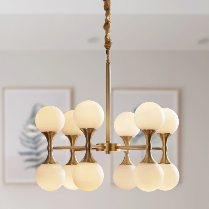 Brass Globe Hanging Ceiling Light Postmodern 12/16 Heads Opal Glass Chandelier Light Clearhalo 'Ceiling Lights' 'Chandeliers' 'Glass shade' 'Glass' 'Island Lights' 'Modern Chandeliers' 'Modern' Lighting' 288919