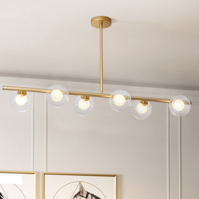 Linear Island Light Fixture Nordic Metal 6 Heads Gold Hanging Lamp with Globe Clear Glass Shade Clearhalo 'Ceiling Lights' 'Glass shade' 'Glass' 'Island Lights' 'Pendant Lights' Lighting' 288945