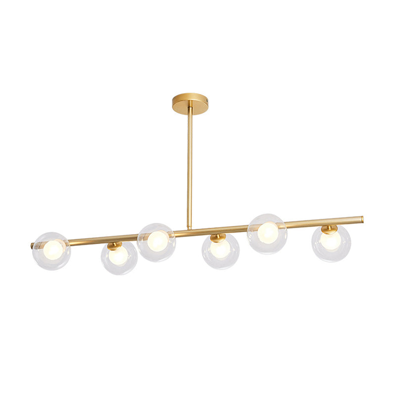Linear Island Light Fixture Nordic Metal 6 Heads Gold Hanging Lamp with Globe Clear Glass Shade Clearhalo 'Ceiling Lights' 'Glass shade' 'Glass' 'Island Lights' 'Pendant Lights' Lighting' 288949