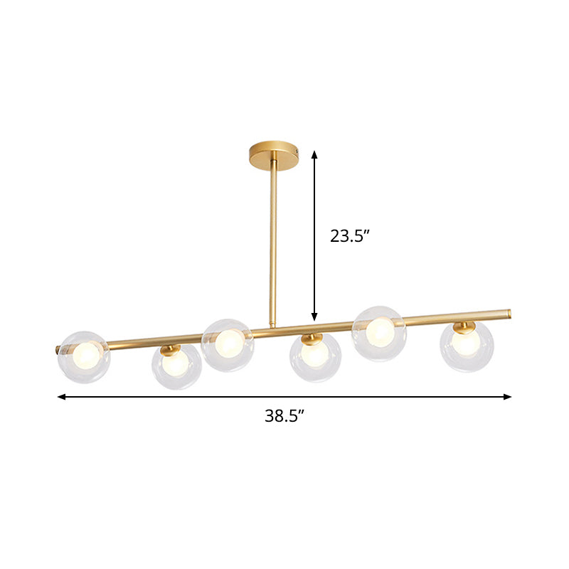 Linear Island Light Fixture Nordic Metal 6 Heads Gold Hanging Lamp with Globe Clear Glass Shade Clearhalo 'Ceiling Lights' 'Glass shade' 'Glass' 'Island Lights' 'Pendant Lights' Lighting' 288950