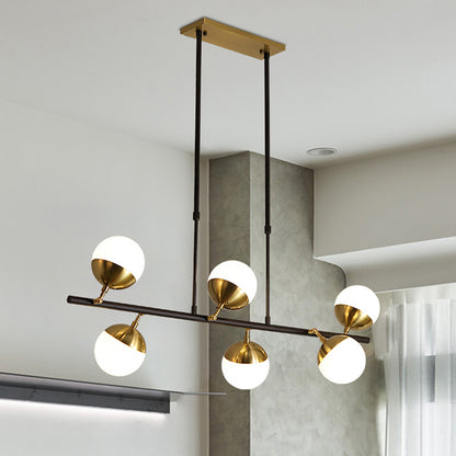 Linear Metal Island Ceiling Light Postmodern 6 Lights Black Hanging Lamp Kit with Opal Glass Shade Black-Gold Clearhalo 'Ceiling Lights' 'Glass shade' 'Glass' 'Island Lights' 'Pendant Lights' Lighting' 288951