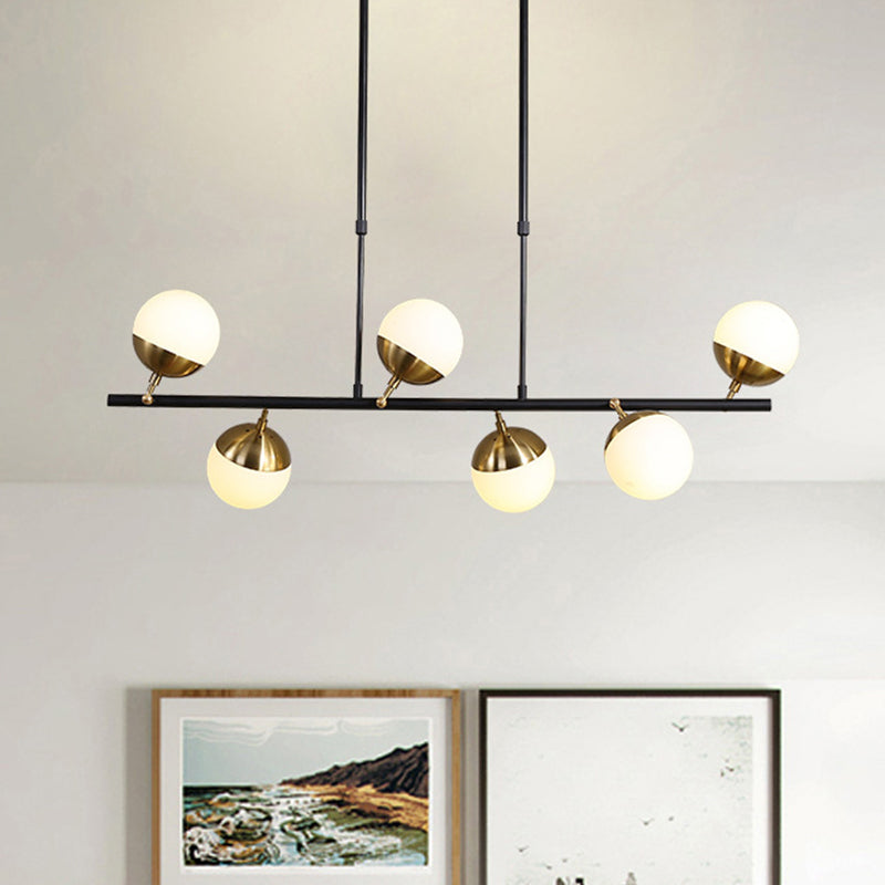 Linear Metal Island Ceiling Light Postmodern 6 Lights Black Hanging Lamp Kit with Opal Glass Shade Clearhalo 'Ceiling Lights' 'Glass shade' 'Glass' 'Island Lights' 'Pendant Lights' Lighting' 288953