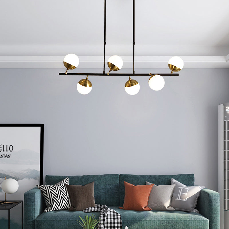 Linear Metal Island Ceiling Light Postmodern 6 Lights Black Hanging Lamp Kit with Opal Glass Shade Clearhalo 'Ceiling Lights' 'Glass shade' 'Glass' 'Island Lights' 'Pendant Lights' Lighting' 288954