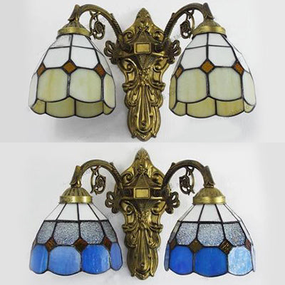 2 Heads Beige/Blue Bowl Wall Lighting Vintage Retro Style Stained Glass Sconce Lamp in Aged Brass Clearhalo 'Industrial' 'Middle century wall lights' 'Tiffany wall lights' 'Tiffany' 'Wall Lamps & Sconces' 'Wall Lights' Lighting' 28901