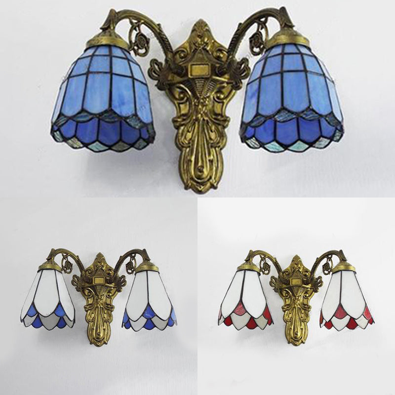 Stained Glass Wall Light with Curved Arm Tiffany Style Double Sconce Light in Red/White/Blue for Bedroom Lighting Clearhalo 'Industrial' 'Middle century wall lights' 'Tiffany wall lights' 'Tiffany' 'Wall Lamps & Sconces' 'Wall Lights' Lighting' 28911