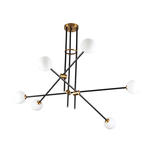 Crossed Line Hanging Lamp Minimalist Metal 6 Heads Black Chandelier Light with Globe Opal Glass Shade Clearhalo 'Ceiling Lights' 'Chandeliers' 'Glass shade' 'Glass' 'Modern Chandeliers' 'Modern' 'Pendant Lights' Lighting' 289130