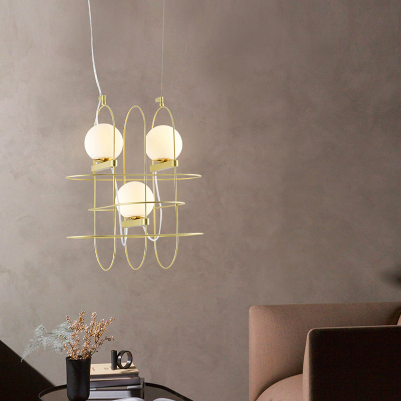 Gold Oval Frame Hanging Ceiling Light Modern 3 Heads Metal Chandelier Lamp with Orb Opal Glass Shade Clearhalo 'Ceiling Lights' 'Chandeliers' 'Modern Chandeliers' 'Modern' Lighting' 289136
