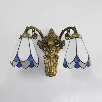 Stained Glass Wall Light with Curved Arm Tiffany Style Double Sconce Light in Red/White/Blue for Bedroom Lighting White Clearhalo 'Industrial' 'Middle century wall lights' 'Tiffany wall lights' 'Tiffany' 'Wall Lamps & Sconces' 'Wall Lights' Lighting' 28913